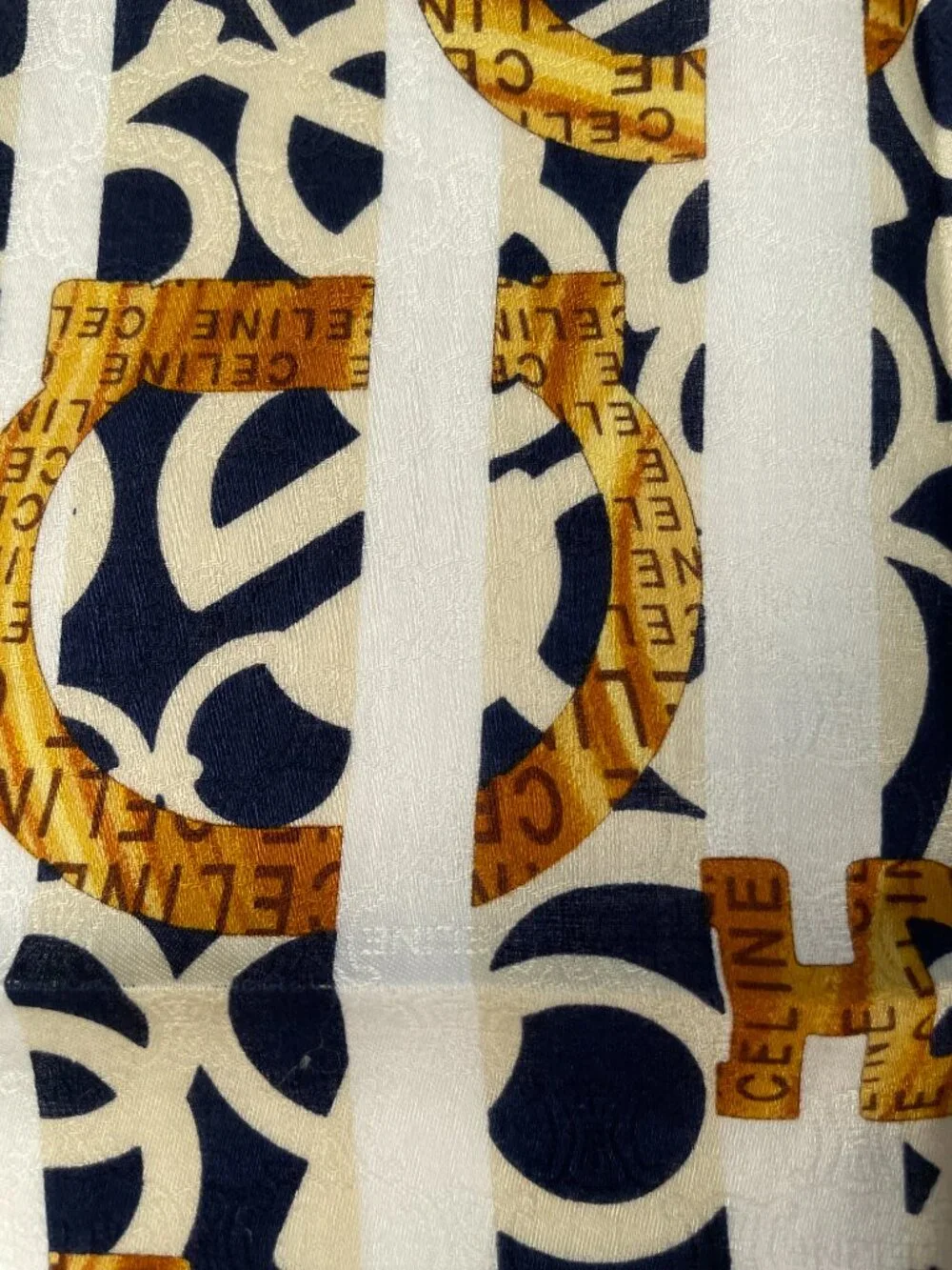 Celine Vintage Cotton Scarf Navy Ivory Gold Logo Stripe Print 22” - Picture 10 of 13